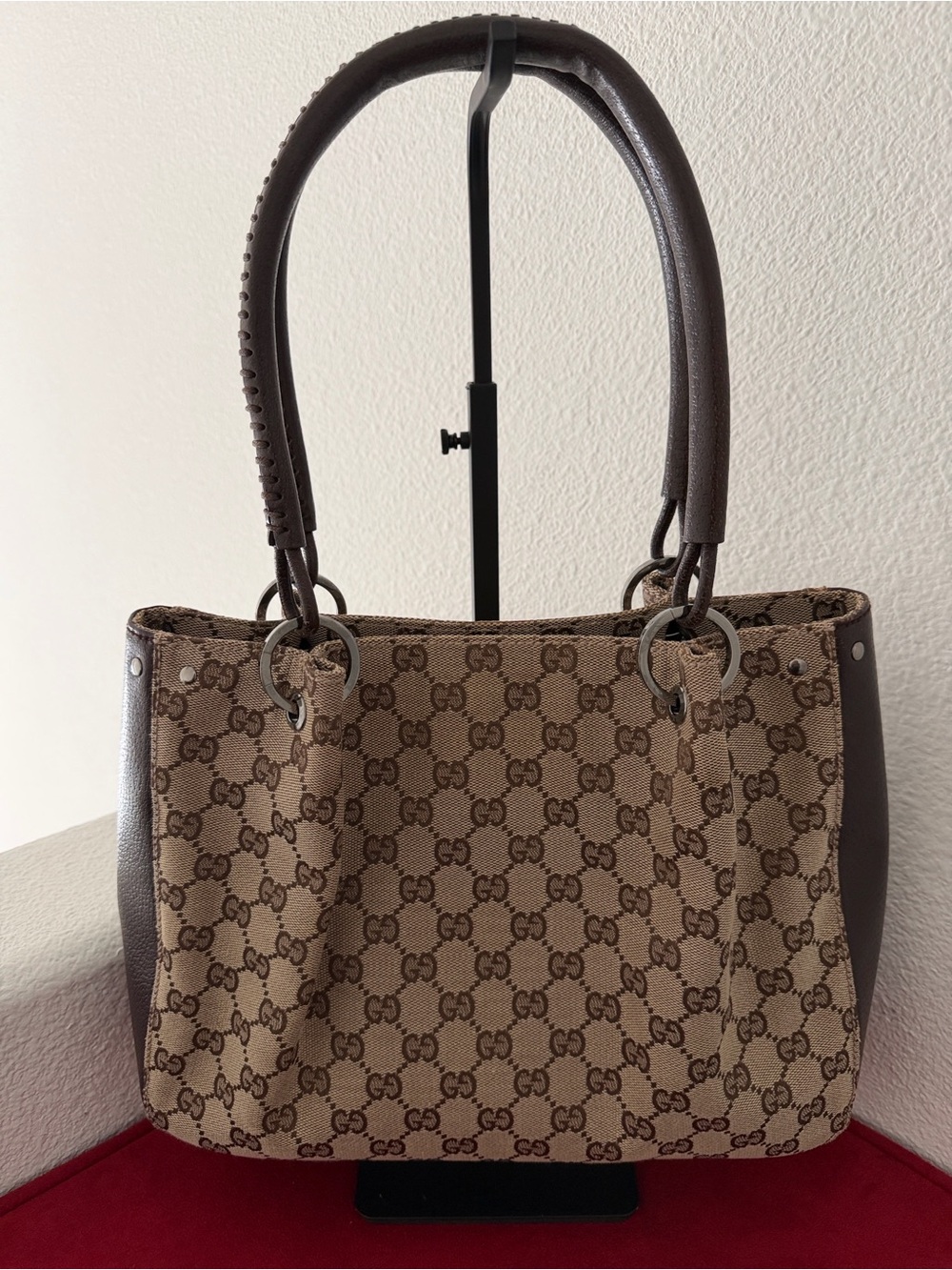 VINTAGE Gucci Brown/Tan GG Monogram Shoulder Bag with Dark Brown Leather.